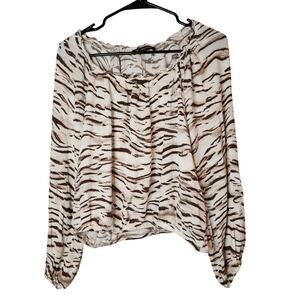 Animal Striped Print Top Womens Size Large Brown & White Blouse Unique Pattern